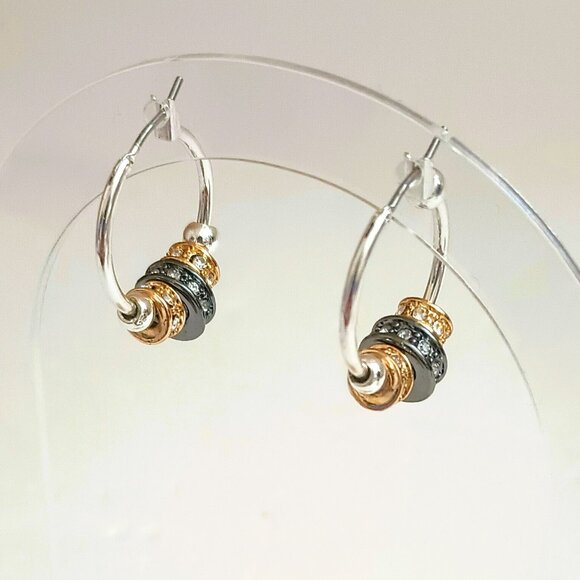 Nine West Tri Tone Hoop Earrings Slider Beads with Rhinestones - Picture 4 of 9